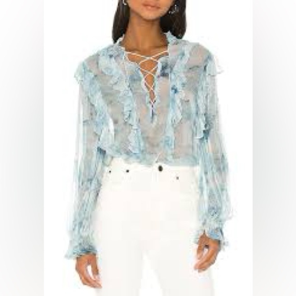IRO Cruis Light Blue Chiffon Ruffle Blouse Lace-Up Sheer — Size US 2 / FR 34